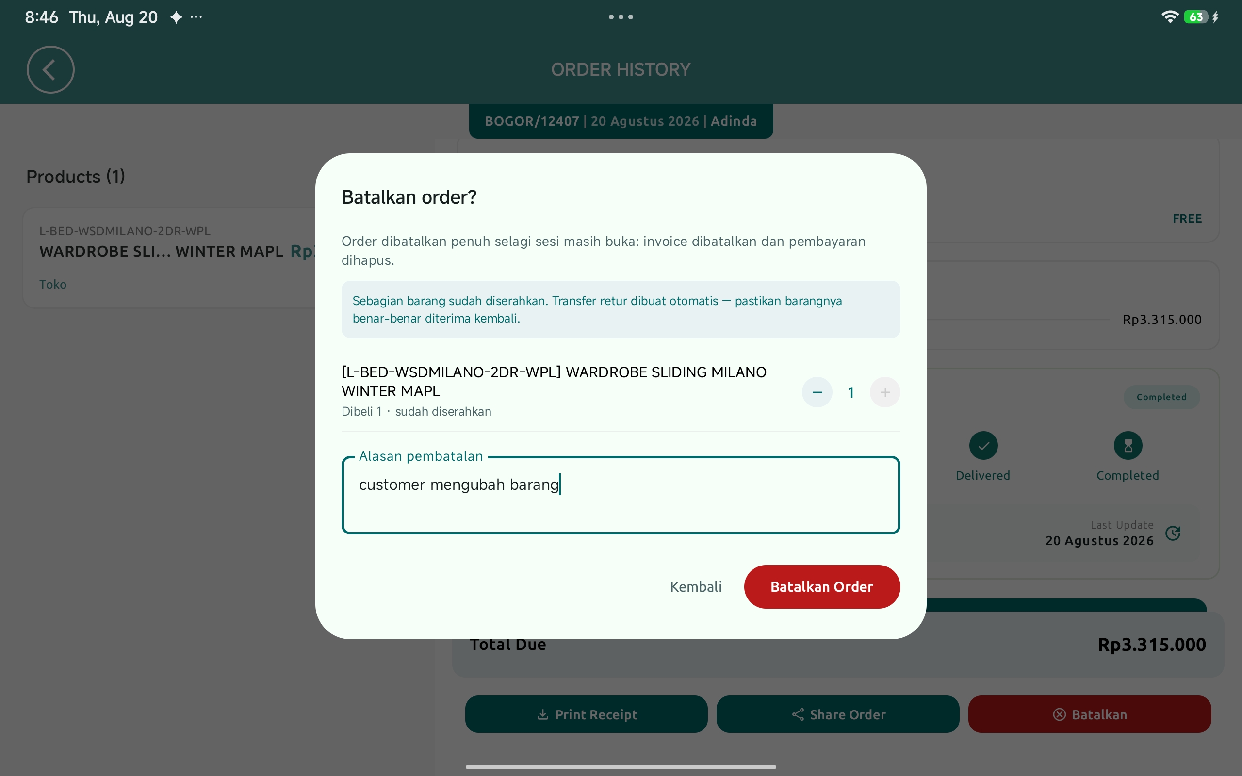 Dialog batal/refund dengan alasan pembatalan