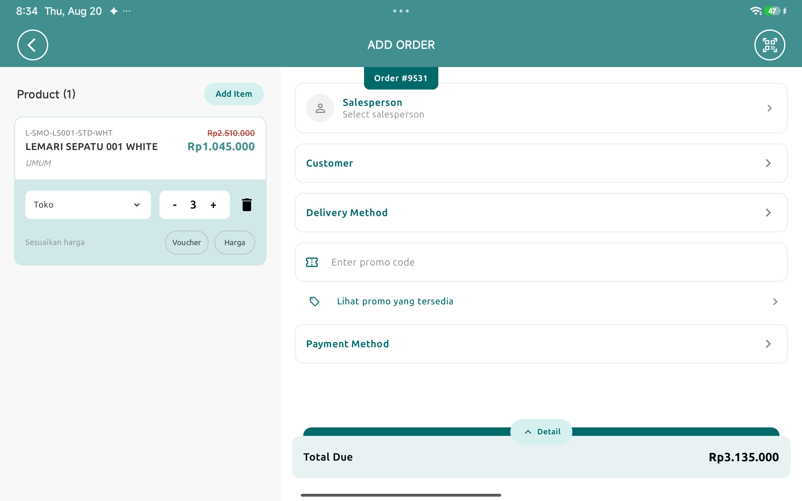 Layar detail nota dengan daftar produk