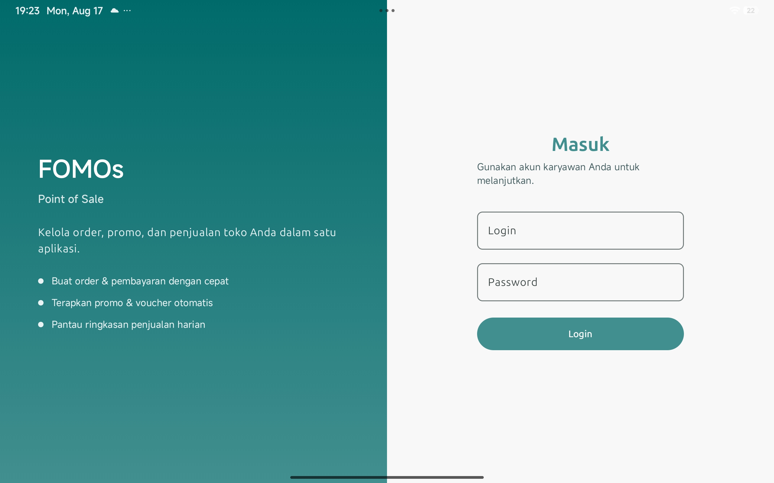 Layar login FOMOs