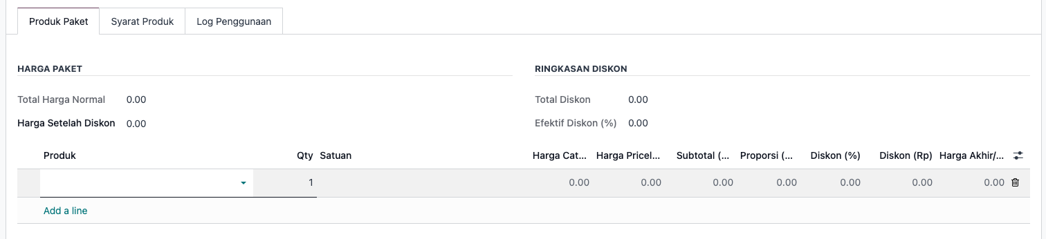 Tab Produk Paket: harga setelah diskon dan baris proporsional